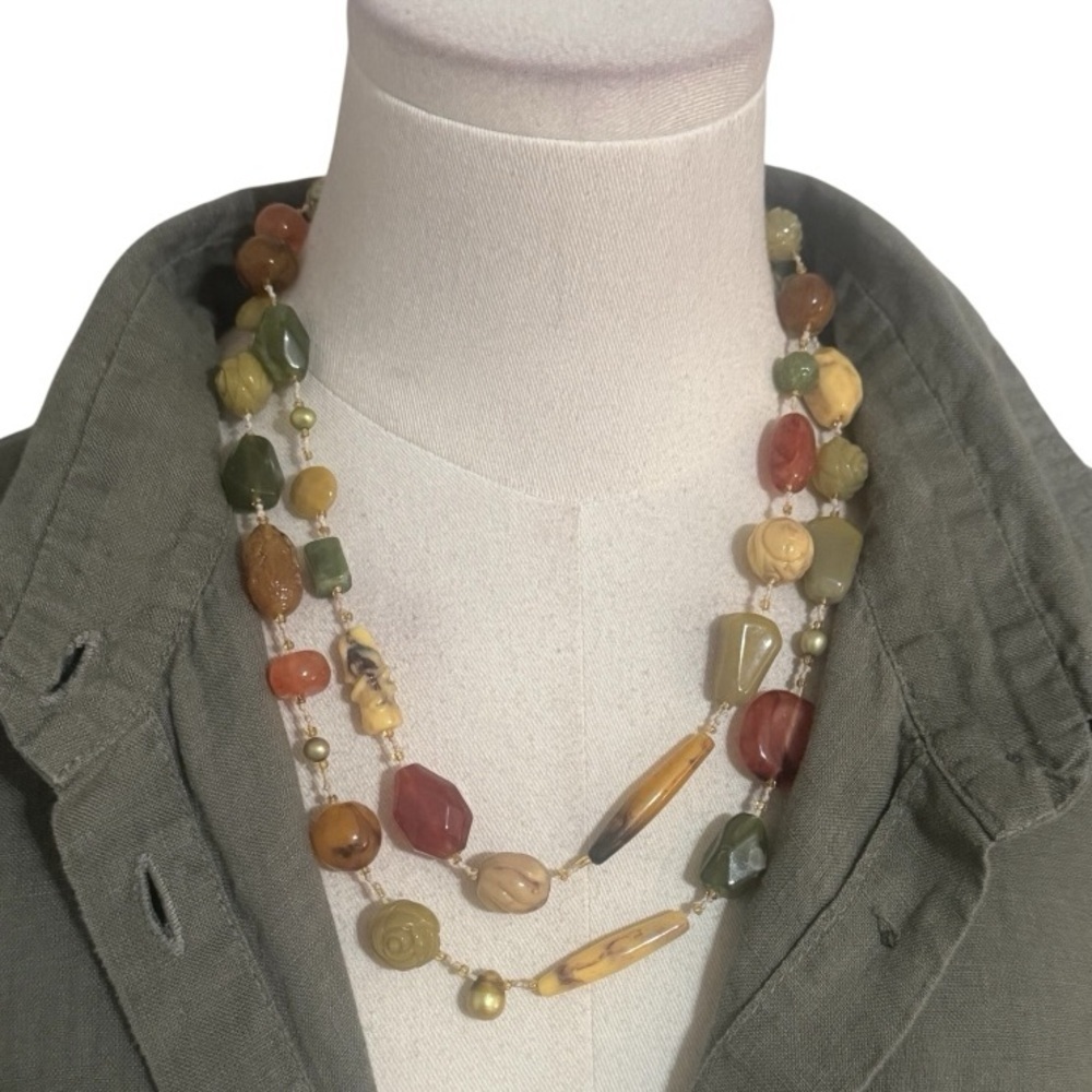 Cookie Lee Art Beaded Necklace Long Jewelry Fall Boho Orange Green Neutral Cream